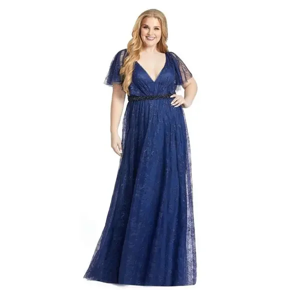 MAC DUGGAL Lace Gown Flutter Sleeve A-Line Dress Midnight Blue Size 18W NWT - Picture 3 of 9